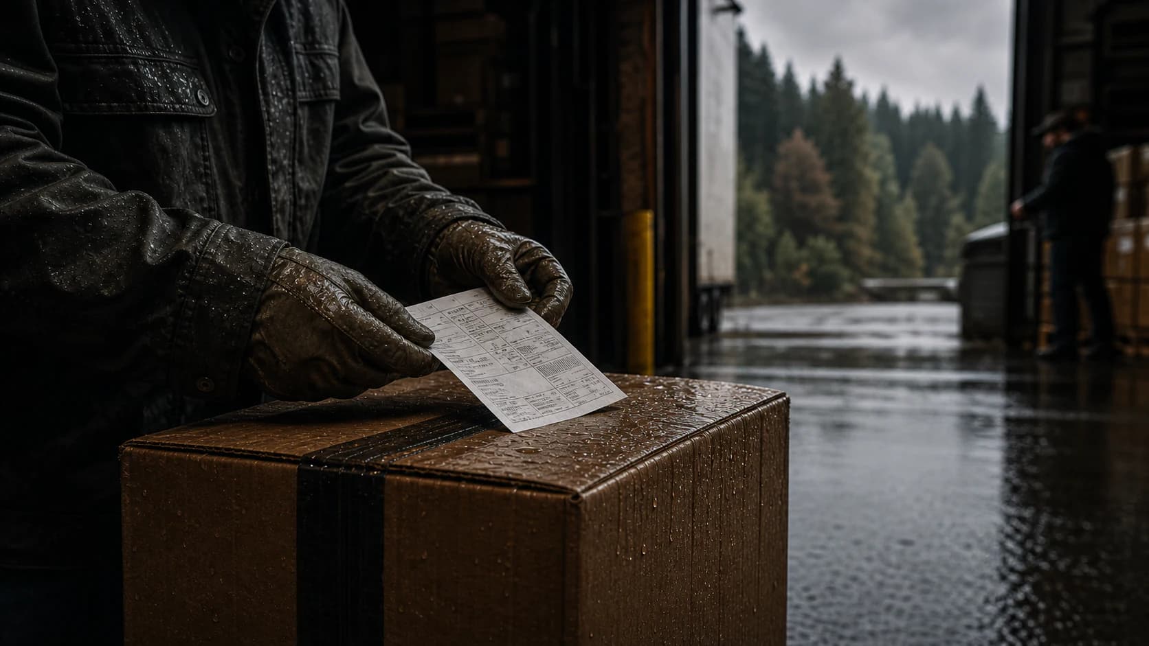 A warehouse receiver checks a packing slip over a shipping case at a rainy British Columbia loading dock